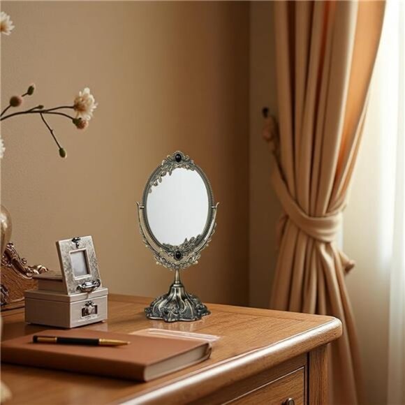 Small Metal Vintage Makeup Mirror Floral Tabletop Oval Vanity Swivel Double Side - Picture 3 of 7